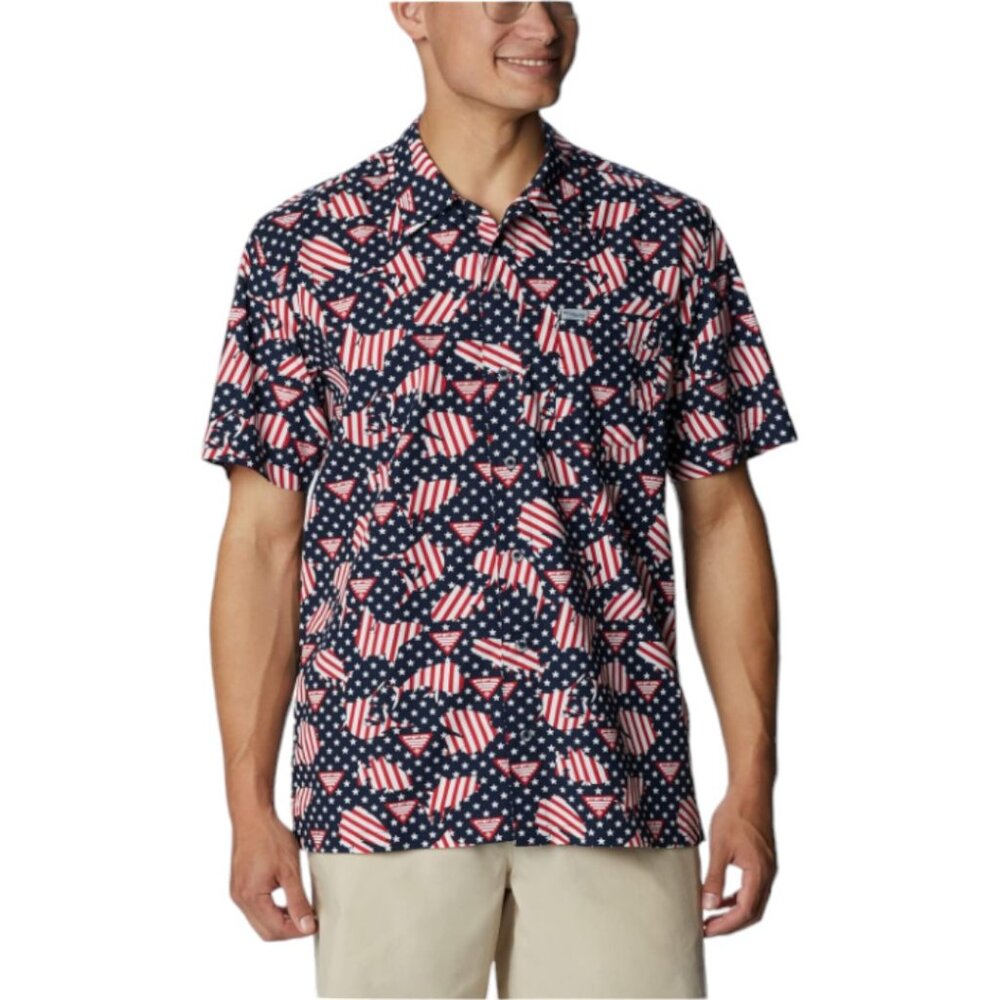 Columbia PFG Mens FATHER'S DAY Vented Fishing USA Flag Olympics JULY 4th NWT